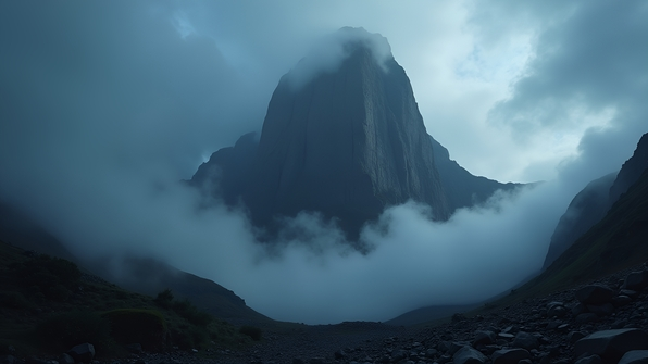 A towering mountain under dense dark clouds creating a dramatic and moody atmosphere