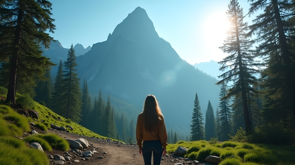 Towering Mountain View With Woman Gazing Calmly
