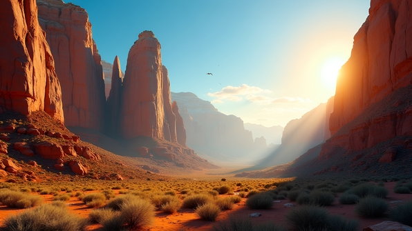 Towering rock formations under a clear blue sky with rugged textures and vibrant natural colors in golden sunlight