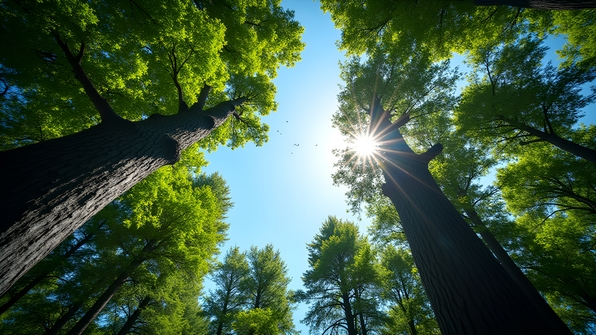 Low-angle shot of towering trees with sunlight filtering through dense green leaves against a clear blue sky