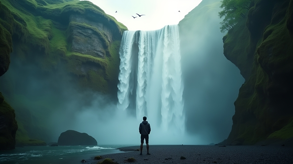 A man stands at the base of a towering waterfall surrounded by lush greenery and misty spray