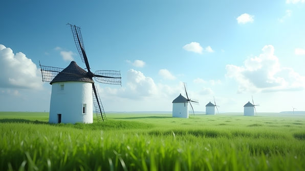Traditional white windmills standing on a lush green grass field under a bright blue sky with fluffy white clouds