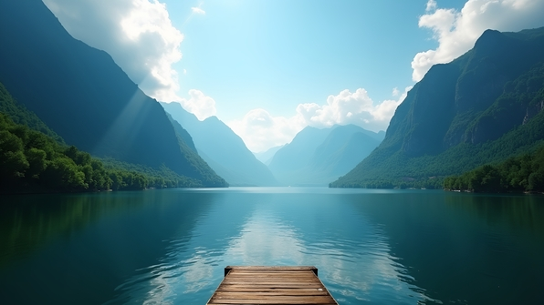 A tranquil lake nestled between towering lush green mountains under a bright blue sky with soft white clouds