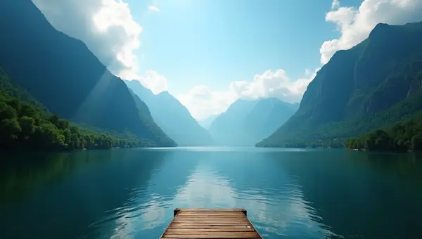 Tranquil Lake Between Lush Green Mountains
