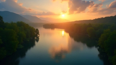 Tranquil Lake with Lush Green Trees at Golden Hour