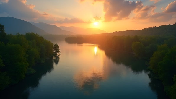 Tranquil lake with lush green trees bathed in warm golden hour sunlight and gentle ripples reflecting the vibrant sky