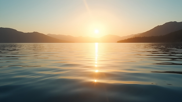 A tranquil lake reflecting warm golden sunlight with soft ripples under a clear sky during the golden hour