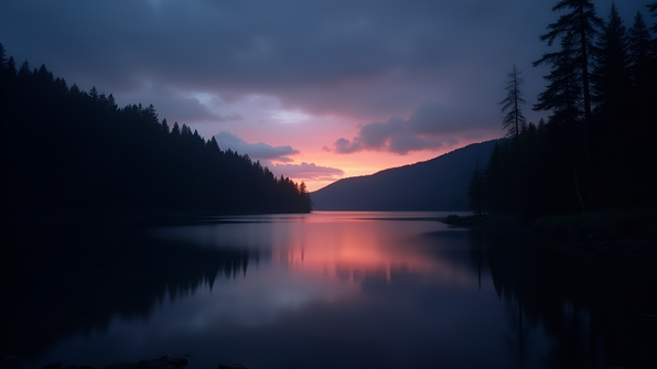Silhouette of a tranquil lake bordered by dense forest under a twilight sky reflecting peaceful still water and dark tree outlines