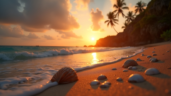 A tranquil seashore at sunset with golden light reflecting on gentle waves and silhouetted palm trees