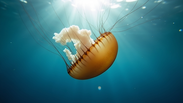 A translucent brown jellyfish drifting gracefully in clear blue ocean water with sunlight filtering through