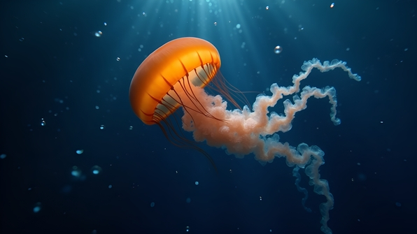 A translucent orange jellyfish gracefully floating in deep blue ocean water with delicate tentacles trailing behind