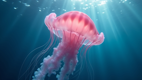 A translucent pink jellyfish floating gracefully in clear ocean water with delicate tentacles