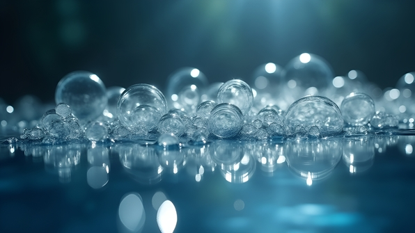 Extreme close-up of transparent water bubbles clustered on a smooth reflective surface with soft natural lighting