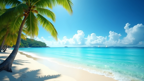Tropical seashore with crystal-clear blue water and lush green palm trees under a bright sunny sky