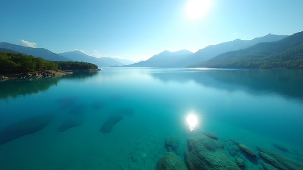 Turquoise lake with clear water reflecting sunlight surrounded by lush greenery under a bright blue sky