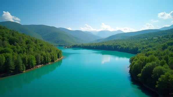 A serene turquoise lake surrounded by lush green forests under a clear blue sky reflecting the natural landscape