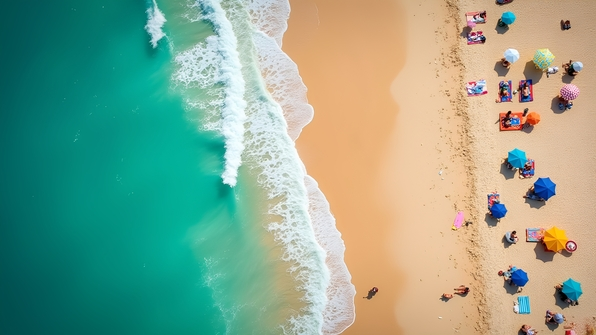 A vibrant aerial view of turquoise waves and a sunlit sandy beach with colorful umbrellas along the shoreline