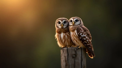 Two Brown Owls Perched on Wooden Post