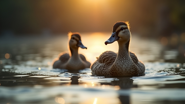 Close-up selective focus image of two ducks swimming peacefully on shimmering water with sunlight reflections