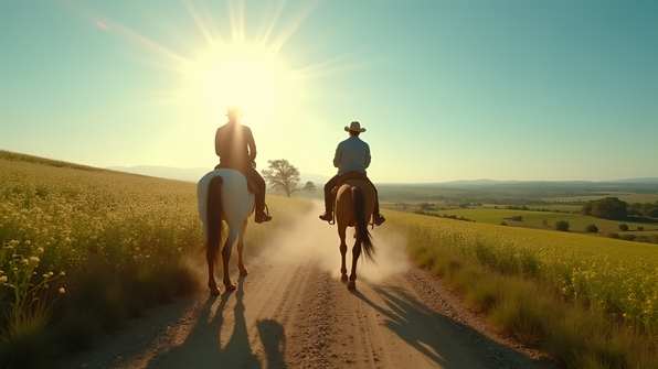 Two men riding horses on a sunlit dirt road surrounded by green fields under a clear blue sky