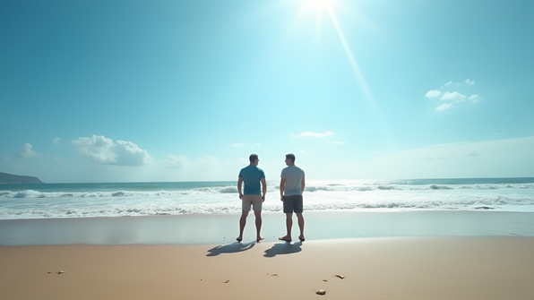 Two men on sandy seashore under clear blue skies with gentle waves and sunlight reflecting off water