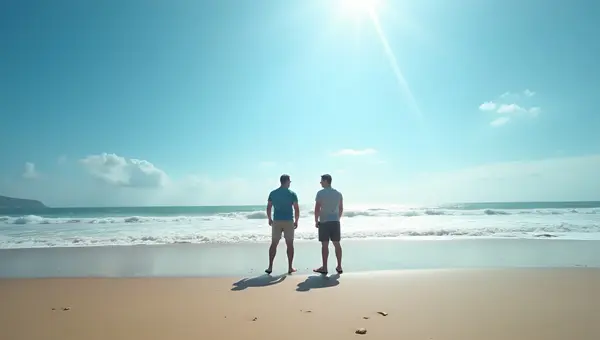 Two Men on Sandy Seashore with Clear Blue Skies