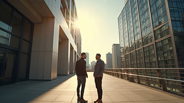 Two men casually standing and talking beside a modern urban building under clear daylight