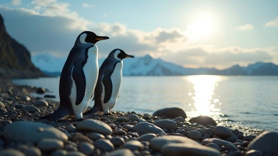 Two Penguins On Rocky Shoreline By Calm Water