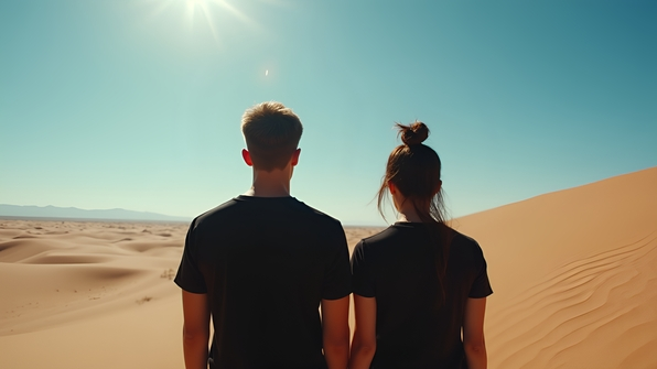 Two People in Black Shirts Standing in Desert
