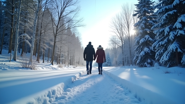 Two people walking side by side on a snowy path surrounded by winter trees under a clear blue sky