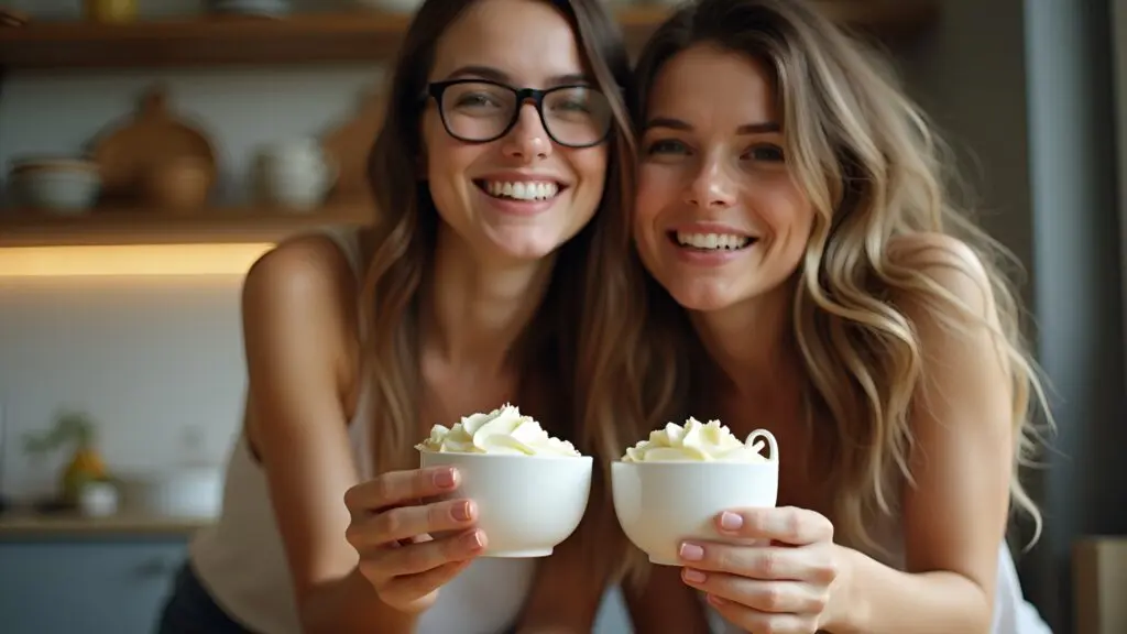 Two Women Holding Whipped Cream Cups