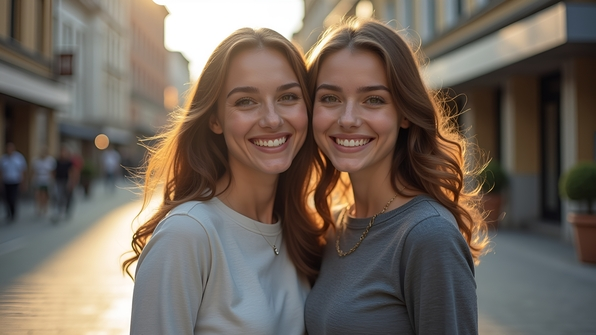 Two women wearing gray and white tops smiling outdoors with a blurred urban background