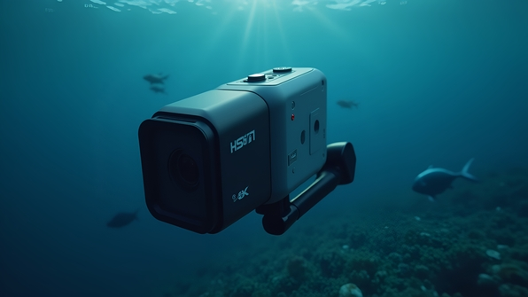 A sleek gray and black underwater camera with waterproof casing and ergonomic design in a deep blue ocean background