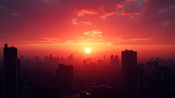 Silhouette of urban buildings against a vibrant sunset sky with soft gradients