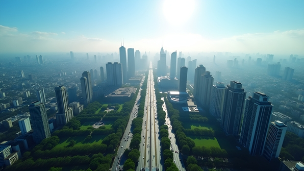 High-resolution bird's-eye view of urban cityscape featuring skyscrapers, streets, and green parks under clear blue skies