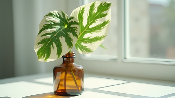Variegated leaf plant with green and white leaves in a vintage amber glass bottle on a minimalist background