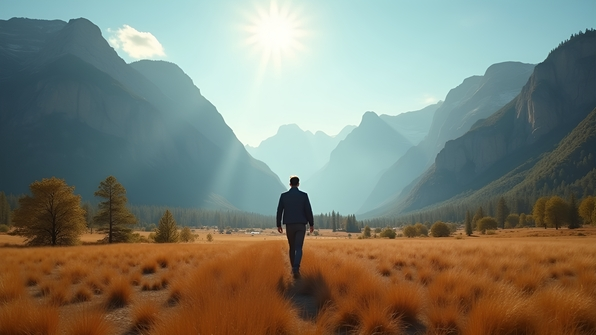 A man strolls across a vast brown field with rugged mountains in the background under a clear sky