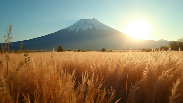 Vast brown grass field stretching toward a towering mountain under a clear blue daytime sky