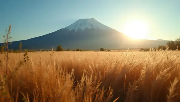 Vast Brown Grass Field With Towering Mountain