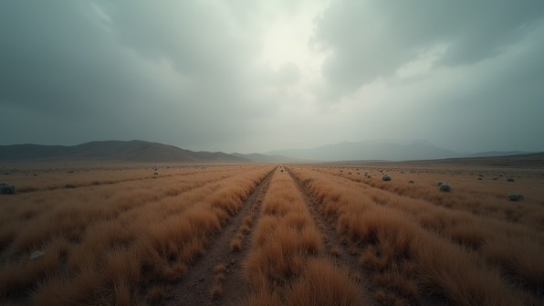 Vast brown and gray landscape with dry grass and sparse vegetation under an overcast sky