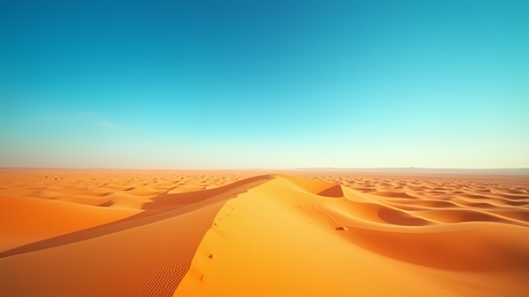 Vast desert landscape with golden sand dunes under a vibrant blue sky