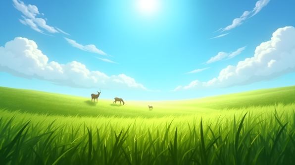 Vast green meadow under bright blue sky with scattered white clouds and vibrant grass swaying in the breeze