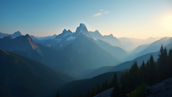Vast mountain range at sunrise with lush forests and clear blue sky
