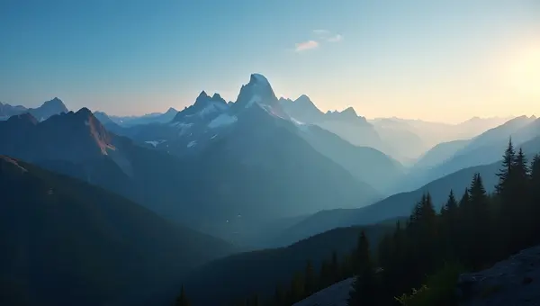 Vast Mountain Range At Sunrise With Forests