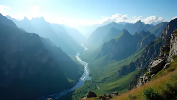 Vast Mountain Range Panoramic View With Green Valleys