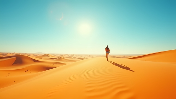 A lone person walking across a vast sunlit desert with golden sand dunes under a clear blue sky during daytime