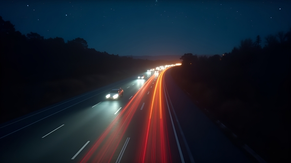 Vehicles with headlights driving along a dark highway under a starry night sky with light trails