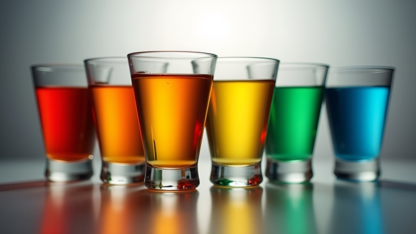 A set of six shot glasses in vibrant assorted colors arranged neatly on a reflective surface