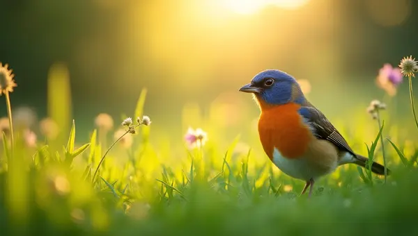 Vibrant Bird Perched on Lush Grass