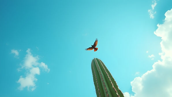 A vibrant bird soaring above a tall green cactus under a clear blue sky with scattered white clouds
